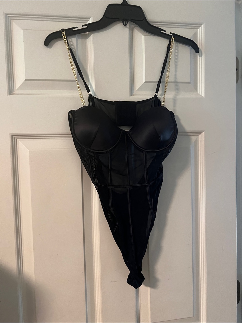 Black Mesh & Satin Bustier Bodysuit with Gold Chain Straps